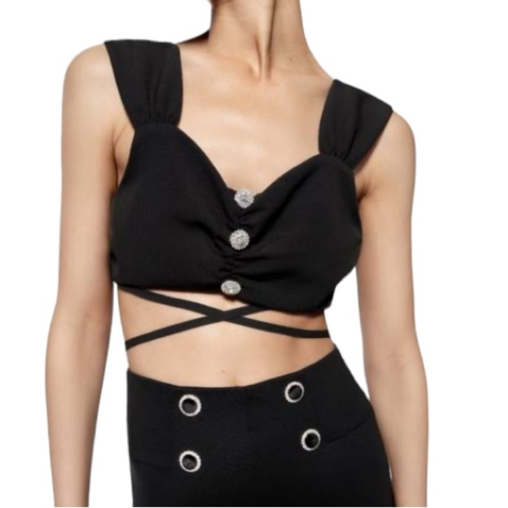 rag & bone black rhinestone button lace up crop top size XS